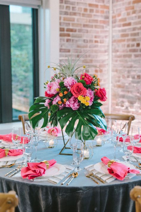 Colorful Wedding Reception, Tropical Wedding Centerpieces, Purple And Yellow Flowers, Tropical Centerpieces, St Pete Wedding, Tropical Wedding Theme, Tropical Wedding Decor, Round Table Decor, Crossback Chairs