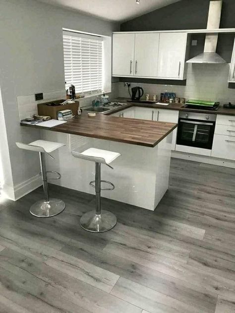 Dark Grey Laminate Flooring, Small Kitchen Living Room, Small Kitchen Diner, Grey Laminate Flooring, Direct Wood Flooring, Kitchen Countertops Laminate, Small Modern Kitchens, Wooden Kitchen Cabinets, Ikea Sofas