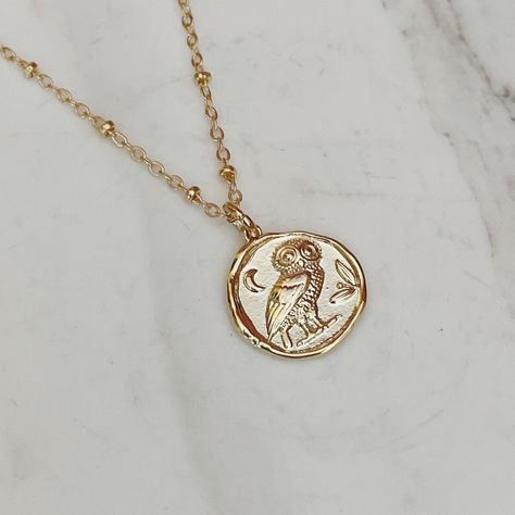 Timeless never goes out of style. Greek Coin Necklace, Pjo Merch, Athena Jewelry, Athena Necklace, Hourglass Logo, Owl Of Athena, Athena Owl, Epic Costumes, Gold Owl