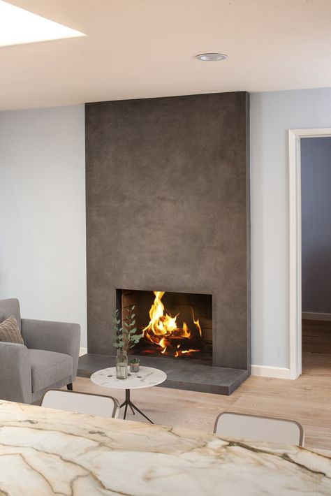 Urban Argento - Moderno Porcelain Works Gray Concrete Fireplace, Concrete Gas Fireplace, Concrete Skimcoat Fireplace, Fireplace Material Ideas, Fireplace Design Idea, Seamless Fireplace, Stone Slab Fireplace, Contemporary Stone Fireplace, Modern Fireplace With Hearth