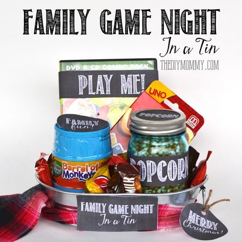 ... Game Night Basket, Games Night Ideas, Family Game Night Gift Basket, Game Night Gift Basket, Family Game Night Food, Family Game Night Basket, Family Game Night Party, Easy Gift Baskets, Family Games Night