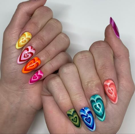 Heart On Fire Nails, Abstract Heart Nails, Funky Heart Nails, Trippy Valentines Nails, Spring Break Nails Designs, Nails Rainbow, Spring Break Nails, Rainbow Images, Nails Heart