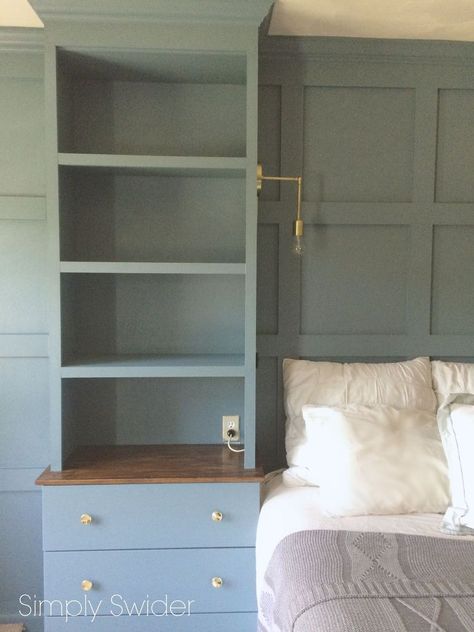 DIY+Master+Bedroom+Built-ins with info on 'how to'. Old Wainscoting Makeover, Built In Dresser In Bedroom Master Suite, Built In Around Bed, Built In Headboard Wall, Built In Nightstand, Built In Dresser In Bedroom, Bedroom Ideas Storage, Master Remodel, Bed Inspo