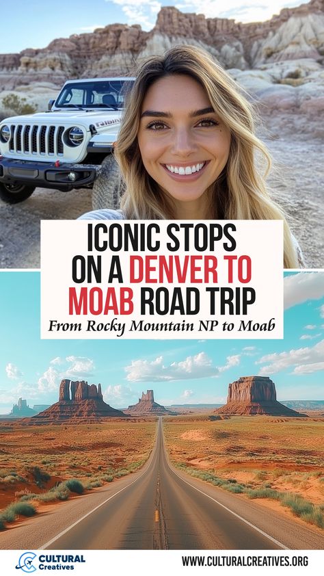 A woman smiling in front of a white Jeep with rocky desert scenery in the background, paired with a scenic highway leading toward monumental red rock formations, illustrating iconic stops on a Denver to Moab road trip from Rocky Mountain NP to Moab. Southern Utah Road Trip, Moab Utah Things To Do, Midway Utah, Utah Parks, Southwest Travel, Colorado National Monument, Utah Vacation, Utah Adventures, Utah Road Trip