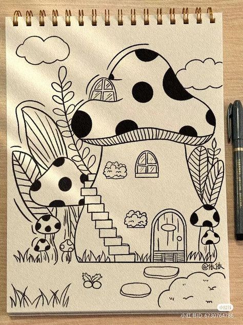 Mushroom House Art, Mushroom House Drawing, Sharpie Drawings, Whimsical Art Journal, Pencil Sketch Images, Easy Love Drawings, Beauty Art Drawings, Easy Doodle Art, Easy Doodles Drawings