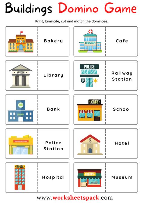 Architectural Wonders: Free City Buildings Flashcards PDF - worksheetspack Build A City Printable Free Math, Place Vocabulary, Paper City Printable For Kids, Vocabulary Building For Adults, Places In Town Flashcards, City Games, English Games, Free City, Kindergarten Worksheets Printable