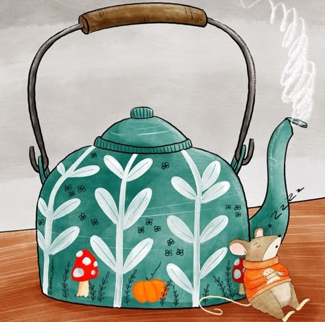 © Artist Alexandra MacVean of Forest & Fauna Paper Co., located in Campbellsville, Kentucky • www.forestandfaunaco.com • www.alexandramacvean.com • @alexandrasillos on Instagram Tea Kettle Painting, Kettle Illustration, Tea Pot Painting On Canvas, Campbellsville Kentucky, Tea Kettle Painting Canvas, Kettle Painting, Animals Drinking Tea Illustration, Mouse Art, Children Books