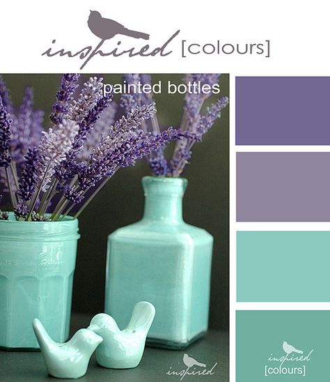 @Emma Zangs { Blogger - Designer - Crafter } - Almost all there Em. Not quite - need to get one without the darker purple and more green in the aqua. Seafoam Green Color Palette, Design Seed, Lavender Walls, Lavender Cottage, Painted Bottles, Easy Decor, Kitchen Walls, Lavender Bath, Color Palate