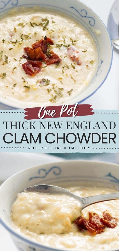 An easy comfort food dinner in one pot! This simple soup recipe doesn't disappoint. Thick, creamy, and full of flavor, this New England Clam Chowder will warm you up from the inside out! No need to go to Boston when you can have it homemade! Thick New England Clam Chowder, White Clam Chowder, Clam Chowder In Crockpot, Maine Clam Chowder Recipe, Thick And Creamy Clam Chowder, Creamy Clam Chowder Recipe, Instant Pot Clam Chowder New England, Homemade Clam Chowder New England, New England Food Recipes