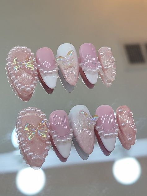 Aphrodite Core, Pink And White Nail Designs, Nail Info, Clear Glitter Nails, Pink White Nails, Coquette Nails, Engagement Nails, Cute Pink Nails, Medium Almond