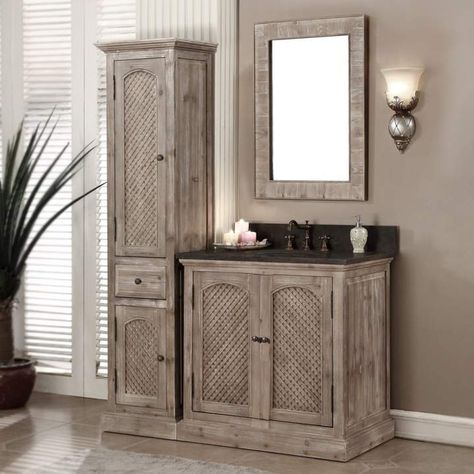 Breathtaking Wood Farmhouse Bathroom Vanity Set! Crosshatch  doors open to reveal generous storage space. Charming stone top, mirror, backsplash and ceramic sink! - #ad #farmhouse #farmhousedecor #farmhousestyle #farmhousbathroom  #rustic #rusticbathroom #rusticbathroomdecor #bathroomvanity #modernfarmhouse #modernbathroom 36 Inch Bathroom Vanity, Mirror Wall Living Room, Granite Tops, Shabby Chic Bathroom, Single Sink Vanity, Small Bathroom Storage, Single Sink Bathroom Vanity, Rustic Bathroom, Bathroom Vanity Set