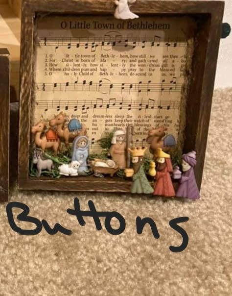 Nativity Button Ideas, Primitive Nativity Scene, Button Nativity Scene, Hobby Lobby Nativity Buttons, Nativity Shadow Box Diy, Nativity Crafts For Adults, Navity Scene Ideas, Nativity Buttons, Diy Nativity Scene