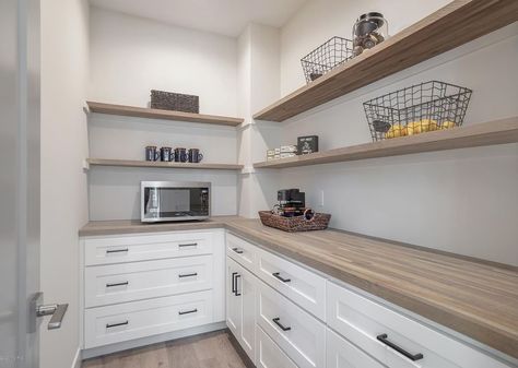 Wood Countertop Pantry, Pantry Lower Cabinets Upper Shelves, Walk In Pantry With Cabinets And Counter, Pantry With Wood Shelves, Wood Pantry Shelves, Walk In Pantry Ideas, Pantry Designs, White Pantry, Above Cabinets