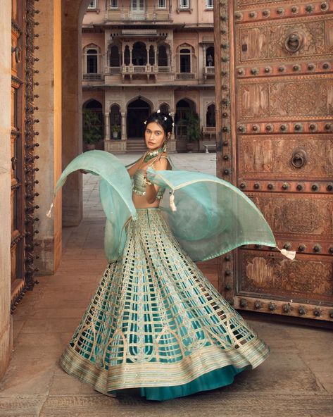 This mysterious rich firozi lehenga sparkles with assorted sequins speaks individualistic mood of modern Indian couture. Creative Direction : @cultreboat Photographer: @shivamm_paathak HMU: @gurumakeupart Stylist: @shauryaathley Model: @bronzedgoddessxo Fashion assistant: @aprajitapuri @janvhijaiswal Jewellery: @thehouseoframbhajos #supriaMunjal #collection #lehenga #fashion #details Firozi Lehenga, Embroidery Work Design, Fashion Assistant, Lehenga Pattern, Lehenga Design, Indian Couture, Work Design, Lehenga Designs, Creative Direction