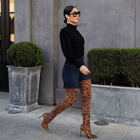 Leopard Boots Outfit, Thigh Boots Outfit, Brunch Attire, Winter Inspiration, Clubbing Outfits, Otk Boots, Thigh Boots, Winter Styles, Leopard Fashion