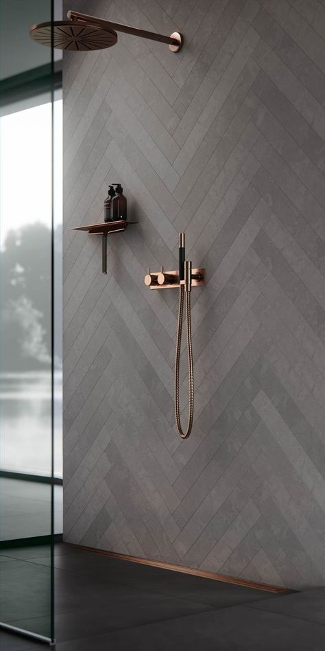 I love the pattern on this wall. Plus the copper color of the shower pairs so well with it. Minimalist Kitchen Cabinets, Douglas House, Copper Interior, Japanese Minimalist, Interior Design Minimalist, Copper Bathroom, Bad Inspiration, Throne Room, Toilet Design