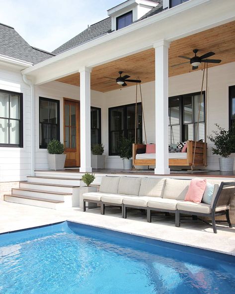 The Pros of Owning a Pool - Plank and Pillow Plank And Pillow, Cote Dazur, Outdoor Farmhouse, Living Pool, Porch Swing Bed, Casa Patio, Modern Farmhouse Exterior, Farmhouse Interior, Farmhouse Exterior