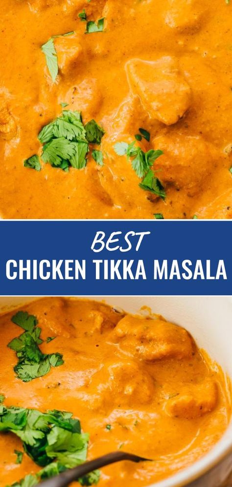 This is a healthy and easy recipe for the best Chicken Tikka Masala by Savory Tooth. One of my favorite Indian recipes, this quick restaurant style dish is low carb and keto, with a rich, creamy, and slightly spicy sauce and chicken coated in a simple yogurt marinade, all prepared on the stovetop. Click the pin to find the recipe and nutrition facts; the post also includes links to slow cooker and instant pot versions. #healthy #lowcarb #keto Graham Marsala Recipe, Indian Chicken Marsala Recipe, Chicken Marsala Indian, Chicken Tikka Masala Marinade, Graham Masala Recipe, How To Make Tikka Masala Sauce, Butter Chicken Tikka Masala, Tikka Masala Sauce Recipe, Chicken Tikka Masala Slow Cooker