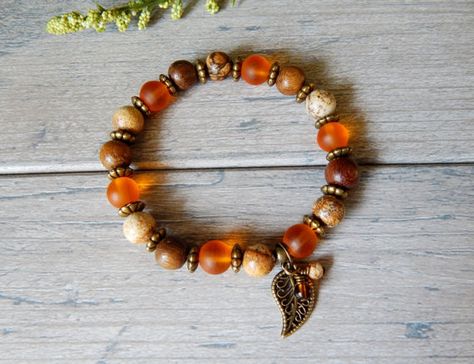 Brown Autumn, Fall Bead, Autumn Bracelet, Stretchy Beaded Bracelet, Earthy Jewelry, Orange Bracelet, Bracelets Handmade Diy, Diy Bracelet Designs, Leaf Bracelet