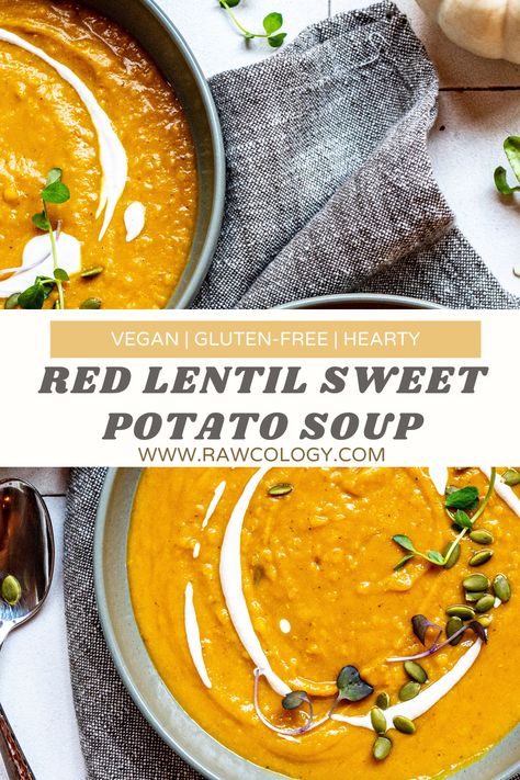 There's nothing like taking a Fall Sunday afternoon to make a huge pot of soup. This Red Lentil Sweet Potato Soup recipe is all kinds of cozy comfort and the leftovers (we suggest making double or triple the recipe to have lots on hand!) are the perfect nourishing, quick meal during the week in a pinch. ⁠ Red Lentil And Sweet Potato Soup, Sweet Potato Carrot Lentil Soup, Red Lentil Sweet Potato Soup, Lentil Sweet Potato Soup, Red Lentil Sweet Potato, Jewish Dishes, Lentil Sweet Potato, Sweet Potato Lentil Soup, Fall Sunday