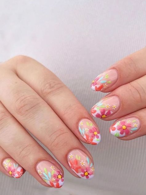 Nails Flower - Oval shape flower fake nail kit for women Nail designs Spring nails Nail art Gel nails Glue on nails Almond nails Nail Art Gel Nails, Art Gel Nails, Easter Nails Easy, Length Nails, Floral Nail Designs, Nail Art Gel, Cute Spring Nails, Spring Nail Colors, Nail Stuff