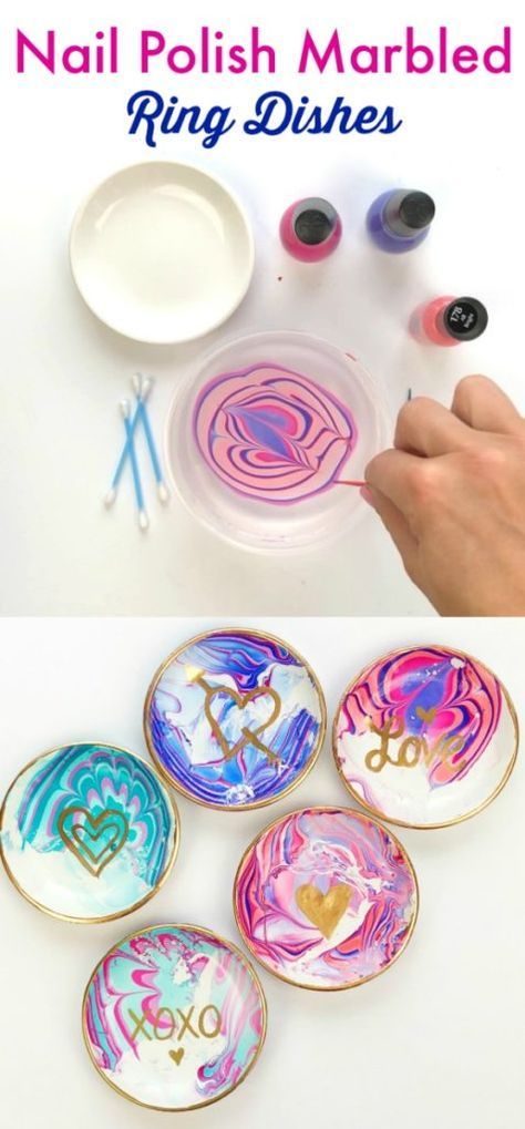 Painting With Nail Polish Crafts, Nail Polish Party Ideas, Crafts Using Nail Polish, How To Marble Paint, How To Make Nail Polish Rings, How To Make Nail Polish, Nail Polish Rings Diy, Ring Dish Painting Ideas, Nail Polish Art Crafts