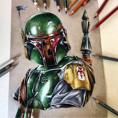 Star Wars fanart of Boba Fett by Adam Milton Boba Fett Art, Hyperrealism Paintings, Star Wars Colors, Star Wars Painting, Color Pencil Illustration, Prismacolor Art, Colored Pencil Artwork, Star Wars Drawings, Star Wars Tattoo