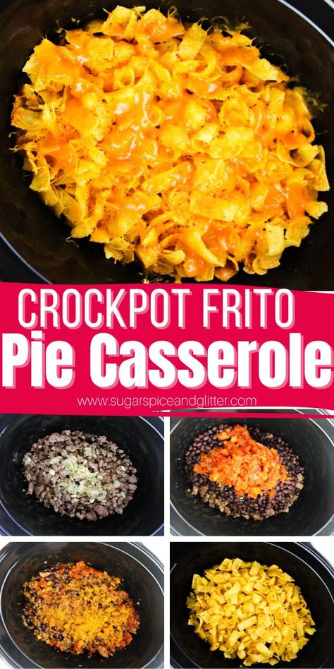 Crockpot Frito Pie is a quick and easy way to make this classic casserole without heating up the whole house. It's hearty, filling and flavorful with plenty of well-seasoned beef and beans topped with crunchy, salty Fritos and melted cheddar cheese. Frito Chili Pie Crockpot, Fritos Pie Crockpot, Crockpot Frito Casserole, Crockpot Frito Pie With Enchilada Sauce, Frito Pie Recipe Crockpot, Frito Crockpot Recipes, Crockpot Frito Pie Recipe, Crock Pot Frito Pie, Recipes With Fritos Chips