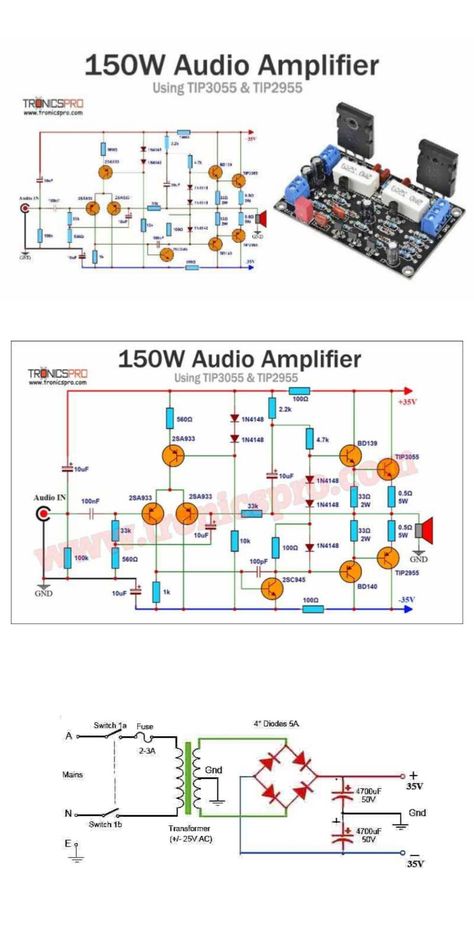 In this article, we will explore the construction of a robust 150W Audio Amplifier Circuit Diagram using TIP3055 and TIP2955 transistors, known for their efficiency and performance. Amplifier Circuit Diagram, Audio Amplifier Circuit Diagram, Amplificatori Audio, Mini Amplifier, Basic Electronic Circuits, La4440 Amplifier Circuit Diagram, Diy Guitar Amp, 1000w Power Amplifier Circuit Diagram, Class D Amplifier Pcb Layout