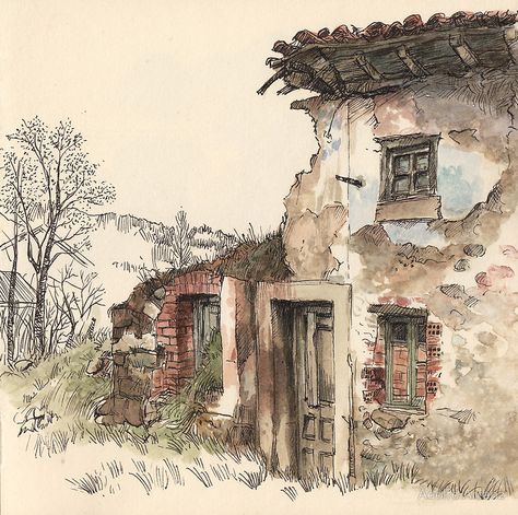 "Ruined house" by Adolfo Arranz | Redbubble Grafik Art, Life Sketch, Watercolor Architecture, House Sketch, Watercolor Painting Techniques, Urban Sketchers, Arte Sketchbook, Lukisan Cat Air, Landscape Drawings