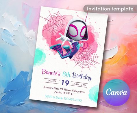 Gwen Birthday Invitation, Spider-verse Girl Birthday Invite, Editable Ghost Spidey Invitation, Spidey Gwen Party, Girl Spiderman Birthday - Etsy Canada Ghost Spider Birthday Party Invitation, Ghost Spider Invitation, Ghost Spidey Birthday Party Ideas, Gwen Birthday Party, Ghost Spider Birthday Party, Girl Spiderman, Spidey Birthday, Spiderman Invitation, Superhero Invitations