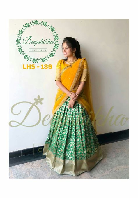 Pochampally Half Sarees Pattu, Pochampally Half Sarees, Green Color Lehenga, Half Saree Function, Langa Voni, Lehenga Saree Design, Half Saree Lehenga, Half Sarees, Yellow Lehenga