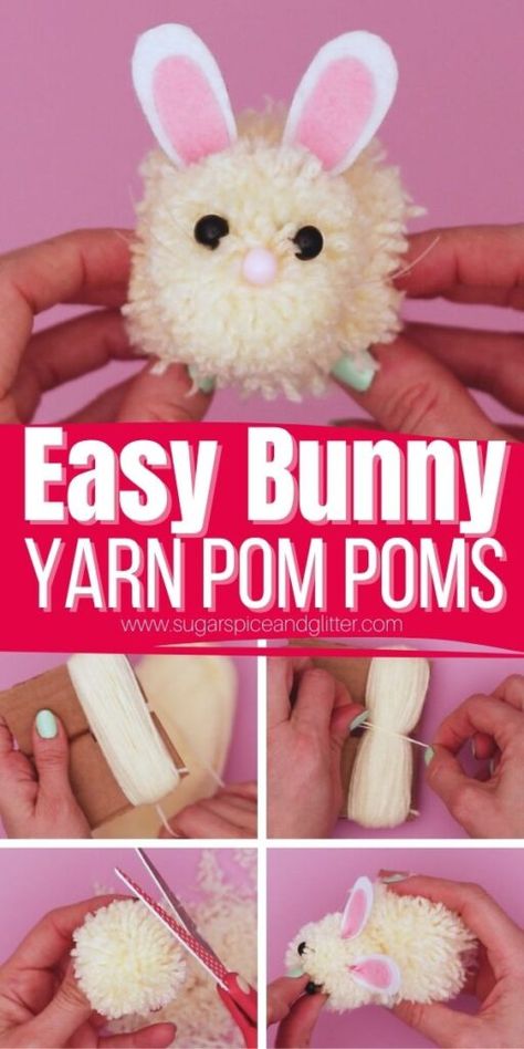 DIY Yarn Pom Pom Bunnies Yarn Bunny Craft, Pompom Bunny, Easter Pom Pom Crafts, Diy Yarn Pom Pom, Pom Pom Bunny, Pompom Crafts, Pom Pom Tutorial, Pom Pom Bunnies, Grandma Camp