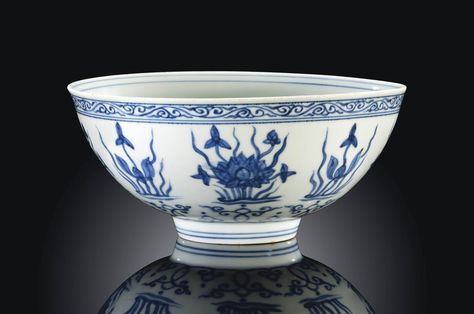 A MING BLUE AND WHITE 'LOTUS' BOWL | ZHENGDE UNDERGLAZE BLUE FOUR-CHARACTER MARK AND OF THE PERIOD (1506-1521) | flowers & plants, All other categories of objects | Christie's Lotus Bowls, The Han Dynasty, Chinese Blue, Chinese Pottery, White Lotus, Blue And White China, Chinese Ceramics, White China, Flowers Plants