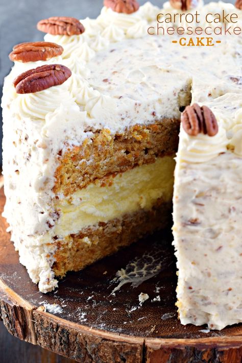 This Carrot Cake Cheesecake Cake is a showstopper! Layers of homemade carrot cake, a cheesecake center and it's all topped with a delicious cream cheese frosting! Carrot Cheesecake, Cheesecake Cake Recipes, Homemade Carrot Cake, Carrot Cake Cheesecake, Easy Carrot Cake, Sweet Breakfast Treats, Shugary Sweets, Cake Cheesecake, Spice Cake Mix