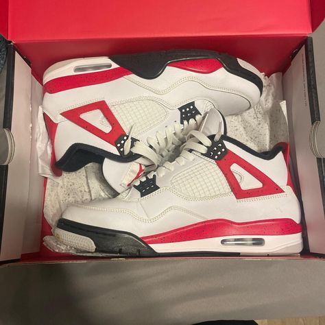 Red, white and black Jordan 4s, worn only once I’m... - Depop Jordan 4 Retro Fire Red, Jordan 4 Fire Red, Jordan 4 Red, Air Jordan Retro 4, Jordan Retro 4, Black Jordans, Jordan 4s, Retro 4, Nike Air Jordan Retro