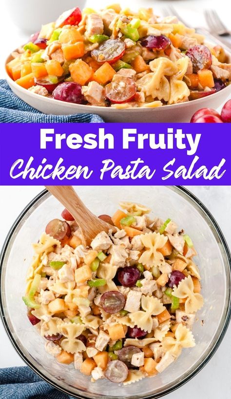 Fresh Fruity Chicken Pasta Salad recipe from family fresh meals via @familyfresh Fruit Pasta Salad Recipes, Cold Chicken Pasta Salad, Italian Dressing Pasta Salad, Chicken Pasta Salad Recipes, Cold Salads, Fresh Meals, Family Fresh Meals, Pasta Salad Recipe, Cold Salad