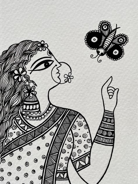 Mithila Painting, Madhubani Human Figures, Madhubani Lady, Madhubani Painting Woman, Madhubani Butterfly, Painted Lady Butterfly Drawing, Godna Style Madhubani, Kalamkari Painting, Lotus Flower Art