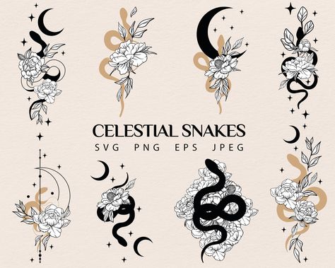 Snake Svg Bundle, Floral Snake Svg, Celestial Snake Svg, Mystical Snake Svg, Celestial Floral Snake, Moon SVG, Bohemian snake clipart  Set of 18 hand-drawn Floral & Celestial Snakes Collection. This Bundle contains clipart with Celestial Gold Snakes and Floral compositions with snakes. This artwork will be good for Scrapbooking, decorating your blogs, typographic design, flyers, posters, notebook covers, cards, branding projects, t-shirts, websites, greeting cards and so much more. You can also Mystical Snake, Snake Clipart, Snake Svg, Snake Png, Celestial Snake, Celestial Floral, Floral Snake, Snake Tattoos, Moon Svg