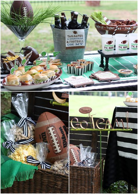 Tailgate inspiration from Swoozie's.  I really like the football and grass in a giant martini glass. Diy Super Bowl, Football Themed Party, Football Tailgate Party, Superbowl Party Decorations, Sangria Bar, Bruschetta Bar, Hot Brown, Sandwich Bar, Cranberry Relish