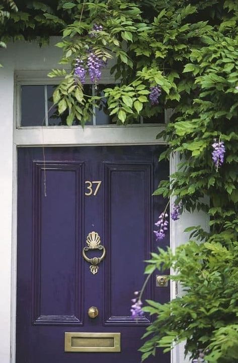 18 Perfectly Purple Front Door Ideas » Lady Decluttered Blue House With Purple Door, Plum Door Exterior, Purple Shutters On House, White House Purple Door, Blue House Purple Door, Aubergine Front Door, Dark Plum Front Door, Dark Purple Door, Purple Exterior Door