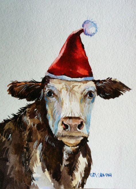 Brown Cow Christmas card New Year ORIGINAL от alisiasilverART Milk Logo, Cow Paintings On Canvas, Printable Ruler, Christmas Cows, Christmas Wallpaper Iphone Cute, First Christmas Tree, Cow Drawing, Baby Farm Animals, Cow Christmas