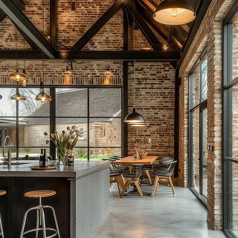 Created with Ai A modern kitchen nestled within the rustic charm of an old barn. The rustic allure of aged brick walls, the sleekness of concrete floors, and the warmth of industrial lighting illuminating every corner. #RusticModernKitchen #BarnRenovation  #IndustrialDesign  #ConcreteFloors  #BrickWall #brickwallinterior #brickwalldecor #IndustrialLighting  #RusticChic  #ModernBarn #InteriorDesignInspiration  #KitchenGoals  #RusticHomeDecor  #ModernRusticDesign #inspiremyinst... Urban Industrial Kitchen, Brick Wall Decor, Brick Interior Wall, Urban Kitchen, Barn Renovation, Rustic Modern Kitchen, Man Room, Urban Industrial, Brick Walls