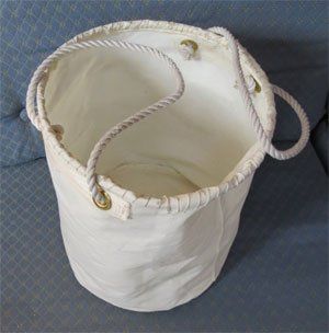 A useful canvas bucket from old sails and rope and scrap plastic - Ocean Navigator - Web Exclusives 2012 Catalina 30, Plastic Ocean, Recycled Sails, Recycled Sailcloth, Sail Cloth, Sail Bag, Ditty Bag, Sewing Machine Needle, Boat Projects