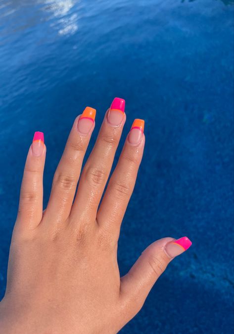 Basic Pink And Orange Nails, Pink And Orange French Tip Nails Square, Pink And Orange Nails Coffin, Orange French Tip Coffin, Pink And Orange French Nails, Fun Summer Nails Square, Orange And Pink French Tip Nails, Pink And Orange French Tip, Vacation Nails Square