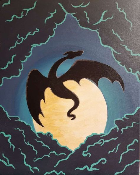 Painting Ideas Fantasy Easy, Dragon Silhouette Painting, Painting Fantasy Art Easy, Acrylic Dragon Paintings, Fantasy Acrylic Painting Ideas Easy, Toothless Painting Canvas, Simple Dragon Painting, Easy Dragon Painting, Fantasy Painting Easy