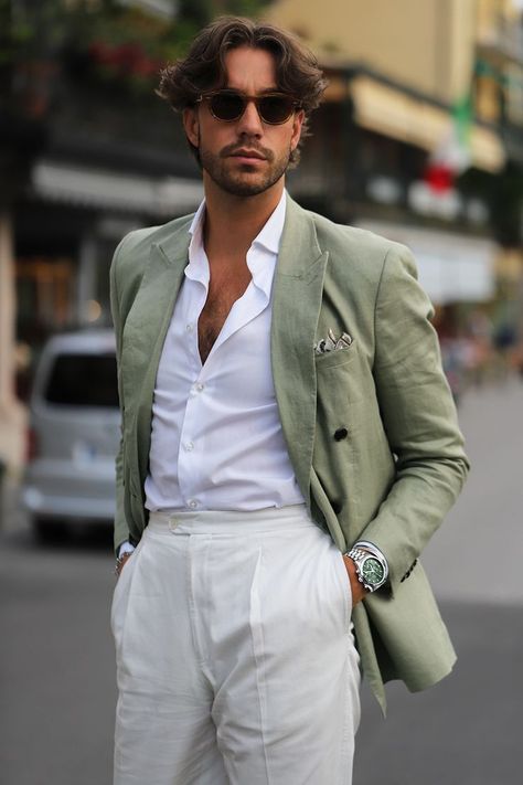 Green And Beige Suit Men, Casual Linen Suit Men, Fall Suits For Men Wedding Guest, Men’s Green Blazer Outfit, Smart Casual Wedding Men, Green Blazer Outfit Men, Green Suits For Men, Summer Suit Men, Green Outfit Men