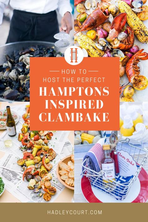 How to Throw a Hampton's Inspired Clambake - Clambake, lobster boil, seafood boil, lobster party—whatever it is you’d like to call it here’s how to throw your very own clambake party! - Hadley Court - Interior Design Blog #clambake #lobsterboil #seafoodboil #partyideas Hampton Party, Clambake Party, Lobster Bake Party, How To Cook Clams, Bbq Party Menu, Clam Bake Party, Crab Bake, Hamptons Party, Boil Seafood