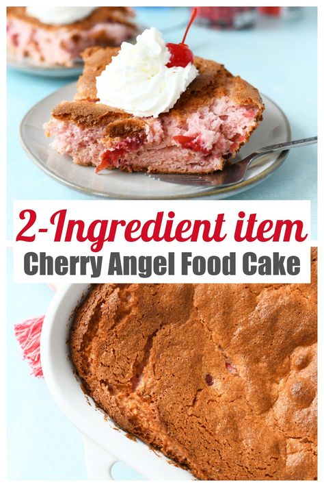 2 Ingredient Cherry Angel Food Cake comes together with just 2 ingredient items. You won't need eggs, water, oil, or anything but cherry pie filling, and Angel food cake to bake this up. It is a perfect summertime cake that you have to make to experience! This fluffy, cherry cake is loaded with moist cherry chunks and can be made in a 9 x 13 cake pan, or a Bundt pan. #cherry #angelfoodcake #angelcake #cherrycake #cherrypiefilling via @sizzlingeats Sugar Free Angel Food Cake Recipe, Cherry Angel Food Cake, Cherry Pie Filling Recipes, 13 Cake, Cherry Recipes Dessert, Sugar Free Whipped Cream, Easy Delicious Cakes, Angel Food Cake Desserts, Low Fat Desserts