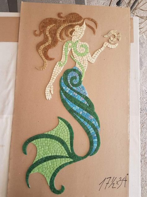 Mermaid Mosaic Pattern, Mosaic Mermaid Ideas, Mosaic Surfboards, Mosaic Mermaid, Mermaid Mosaic, Seed Art, Mosaic Rocks, Mermaid Statues, Mosaic Pots